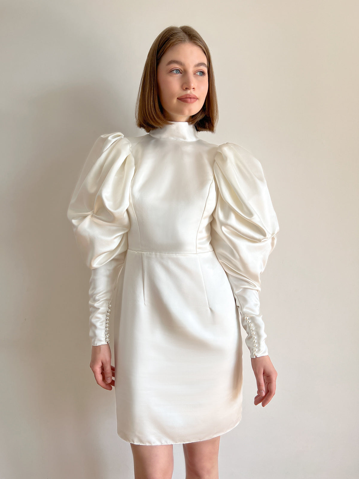 Short puff sleeve high neck wedding dress — Lutien Bridal