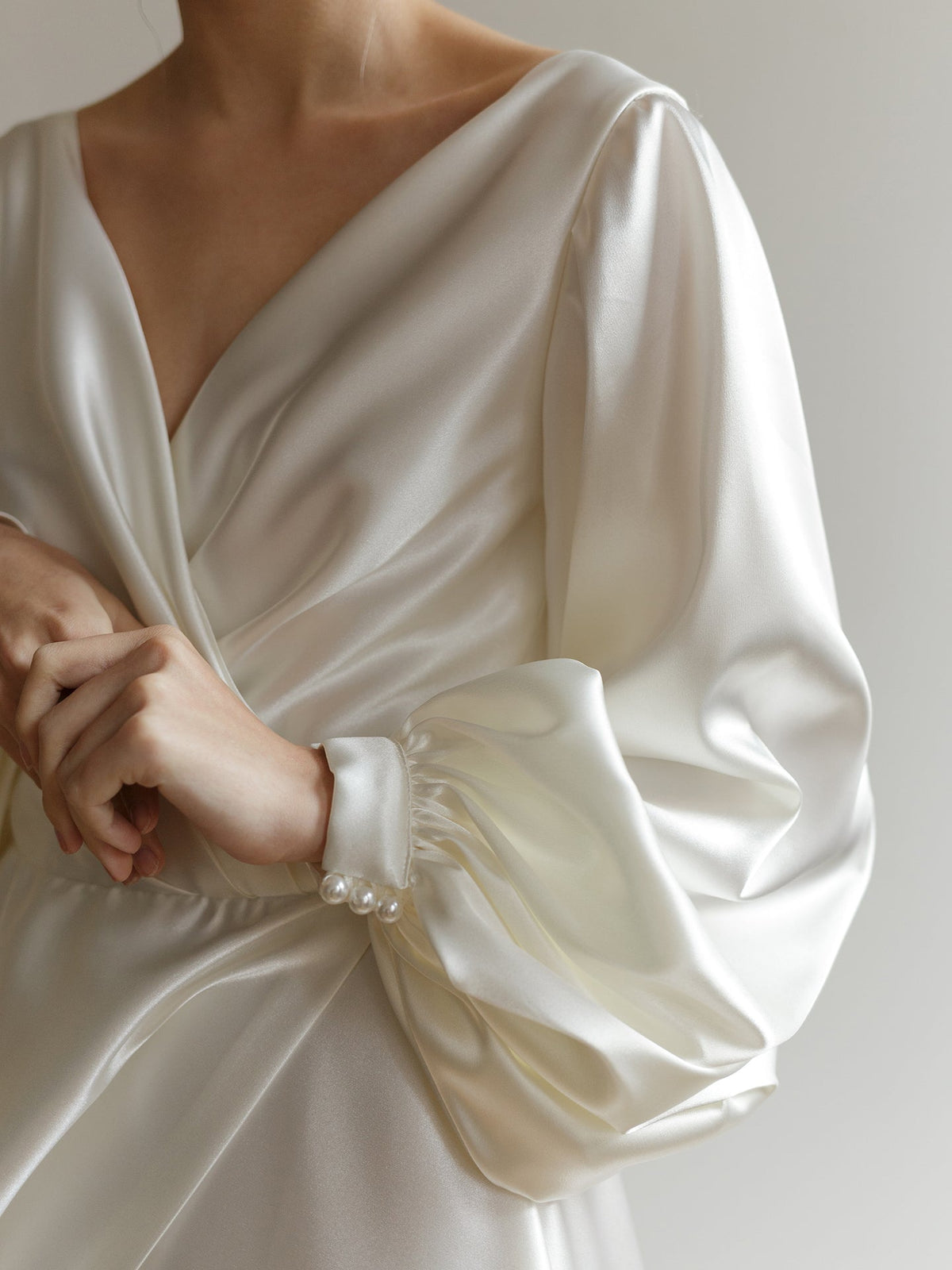 Samantha viscose satin bishop sleeve with pearl-button cuff