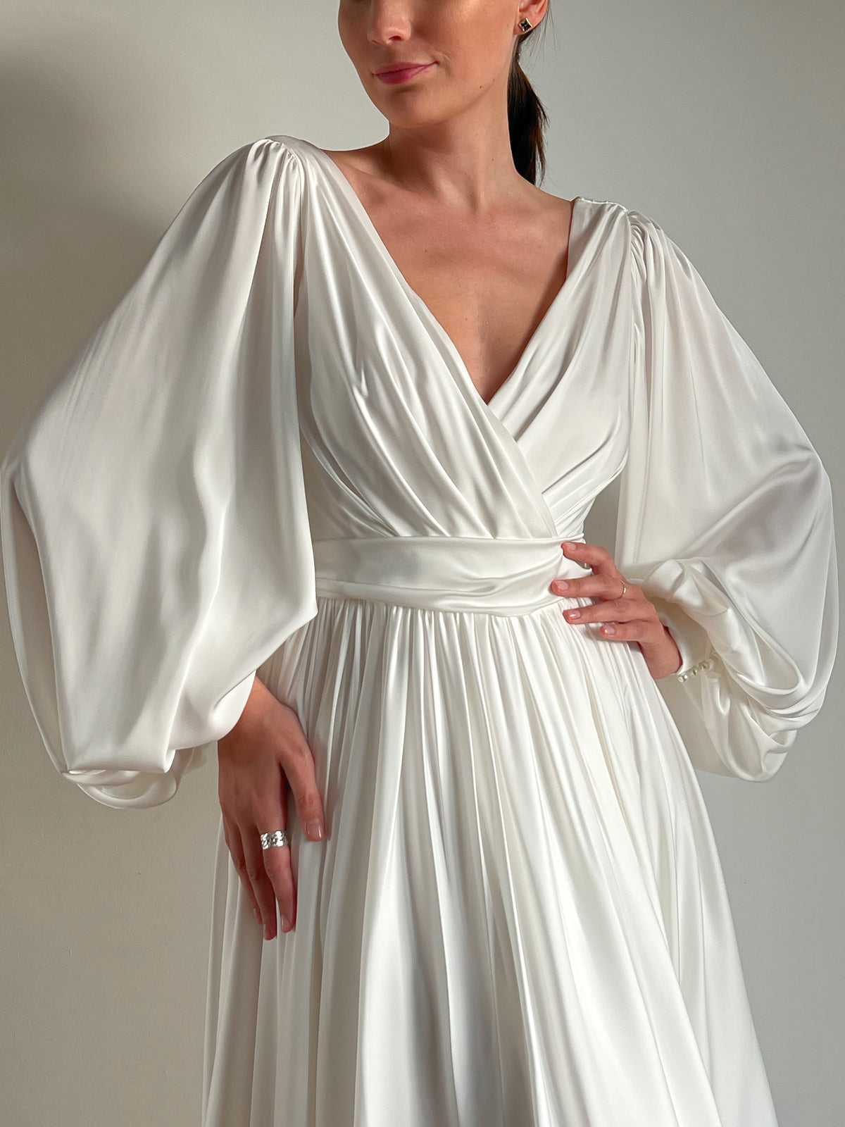 Draped minimalist artificial silk wedding dress, front view