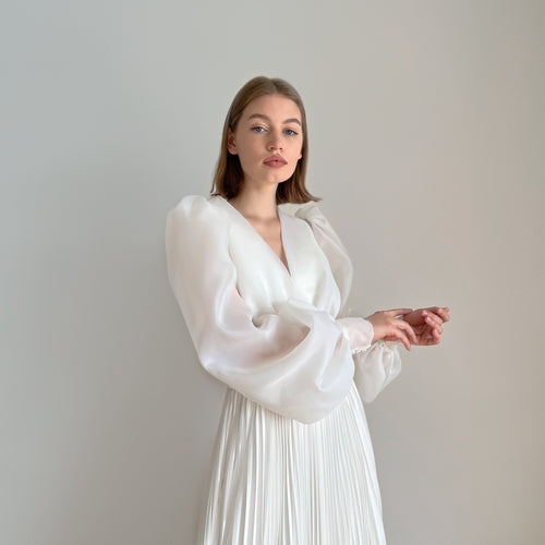 Pleated wedding dress with organza blouse