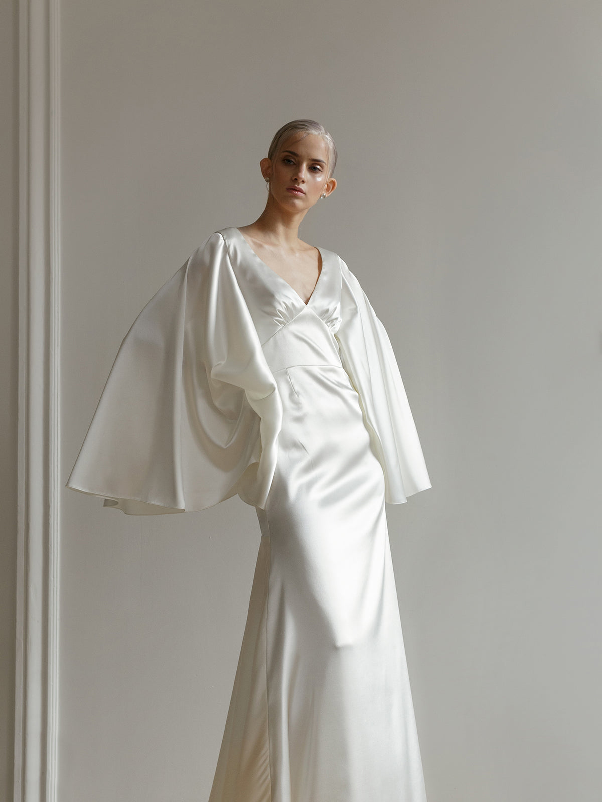 Yoko wedding dress empire waist and angel sleeve detail