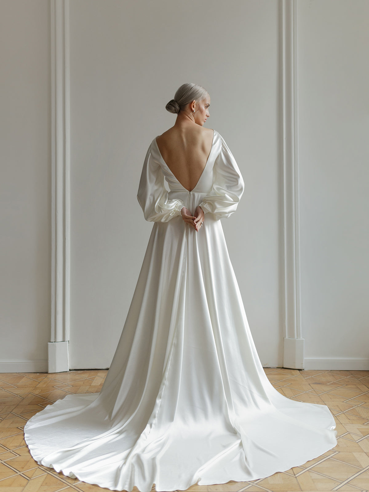 Samantha satin wedding dress sweep train detail