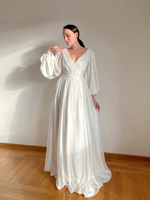Minimalist silk wedding dress V neckline wrap skirt