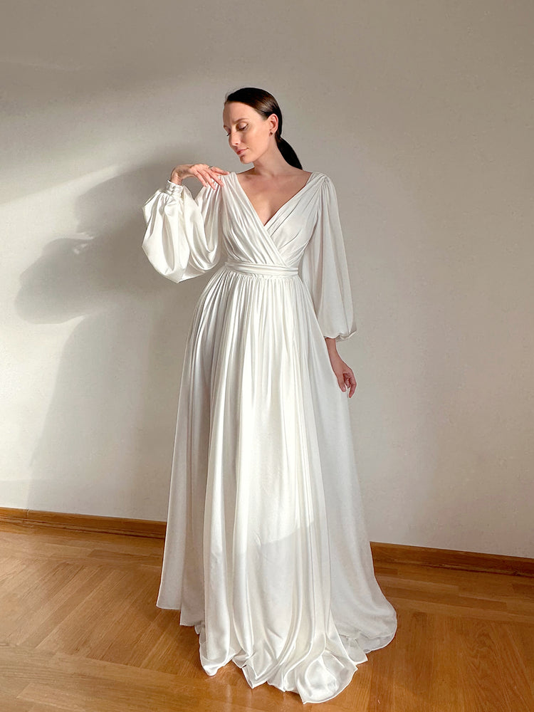 Minimalist silk wedding dress V neckline wrap skirt