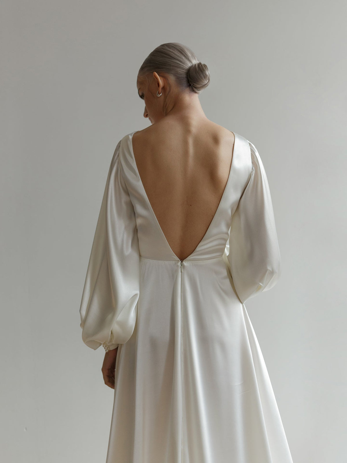 Samantha viscose satin wedding dress deep open V-back detail