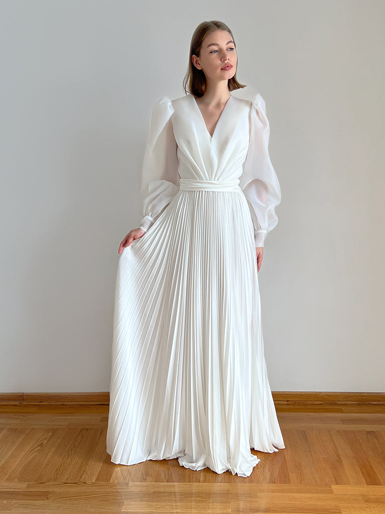 Ivory pleated wedding dress with natural silk organza sleeves, front view