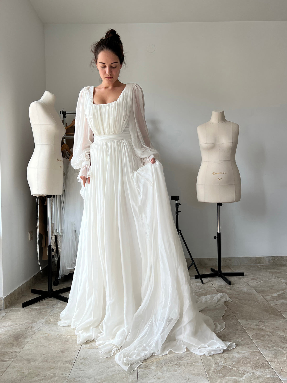 Nymph wedding dress square neckline and ruffled cuff detail