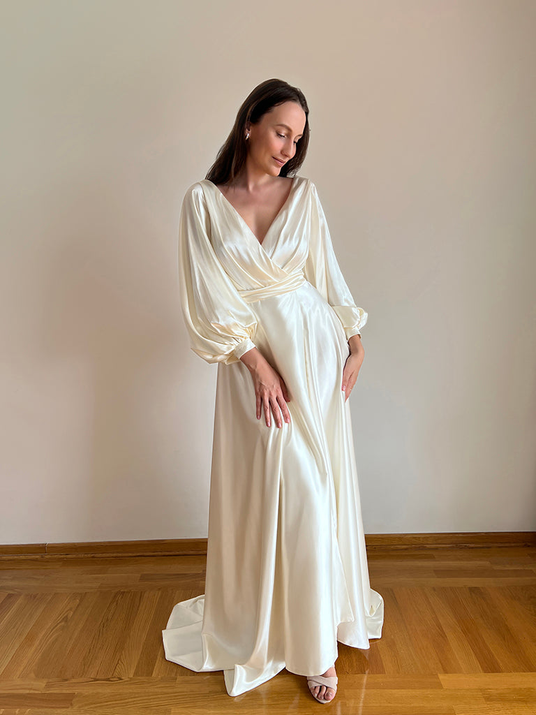 Samantha Ivory viscose satin wedding dress with balloon sleeves