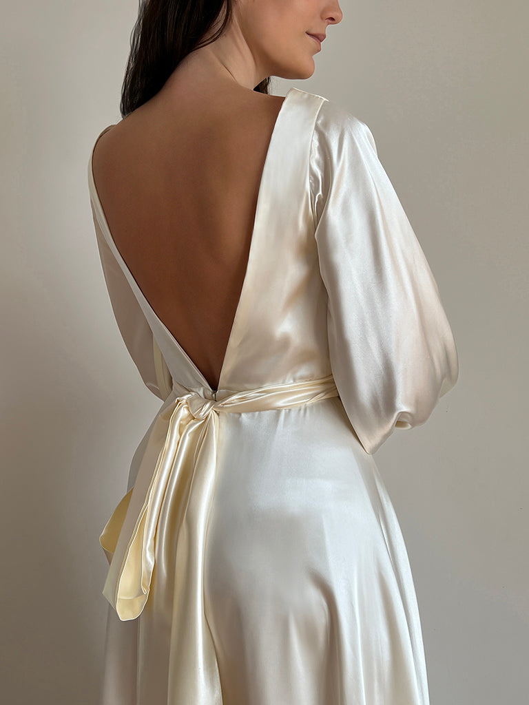 Samantha Ivory viscose satin wedding dress with wrap waist detail
