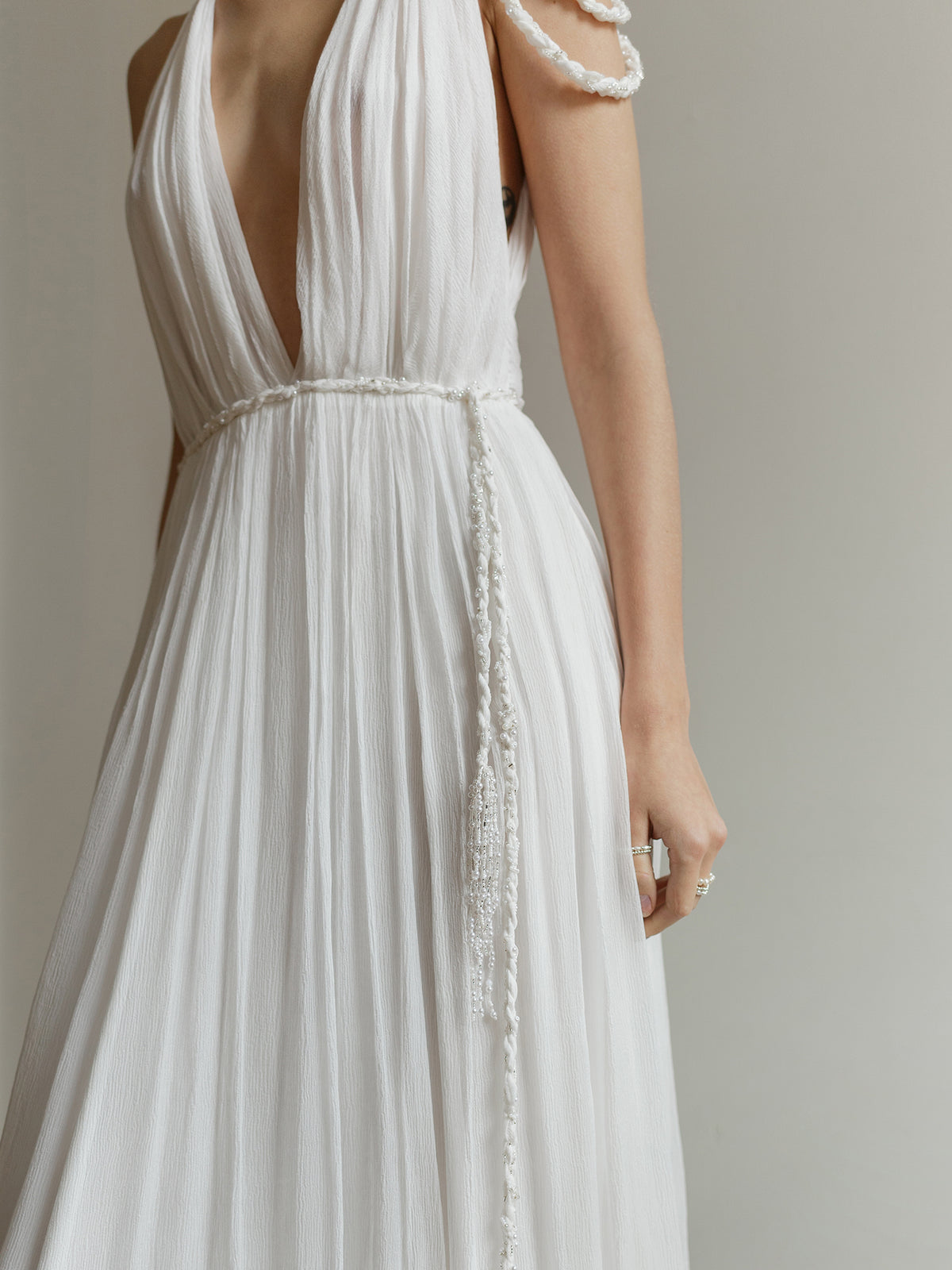 Sea Foam chiffon wedding dress full length with embroidered belt