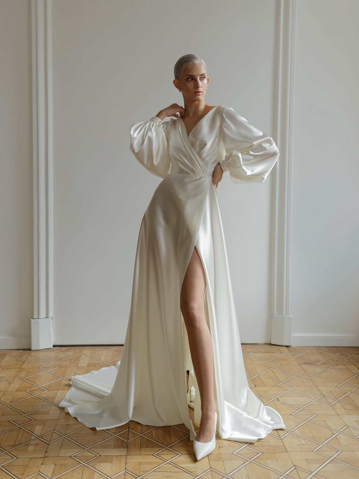 Samantha satin wedding dress with wrap skirt and bishop sleeves, front view