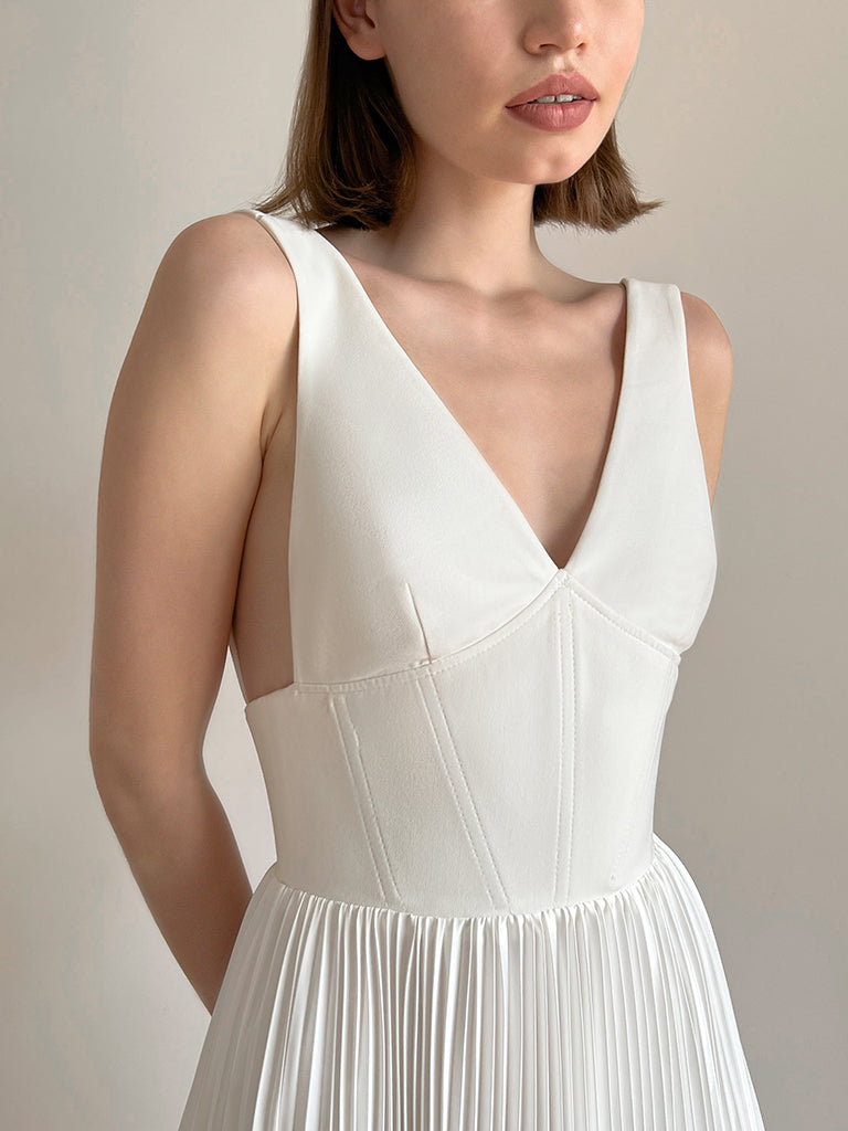 Pleated wedding dress with crepe top, classic front view