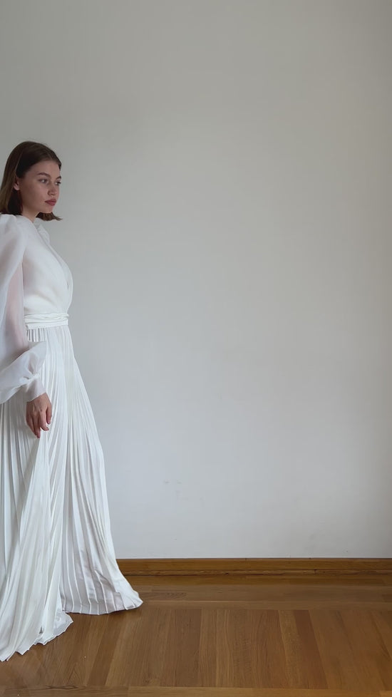 Pleated wedding dress with organza blouse