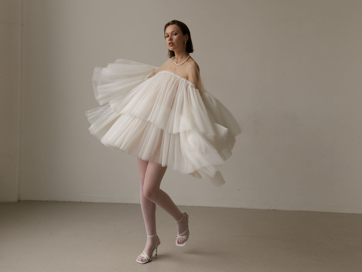 Puffy tulle mini wedding dress, front view