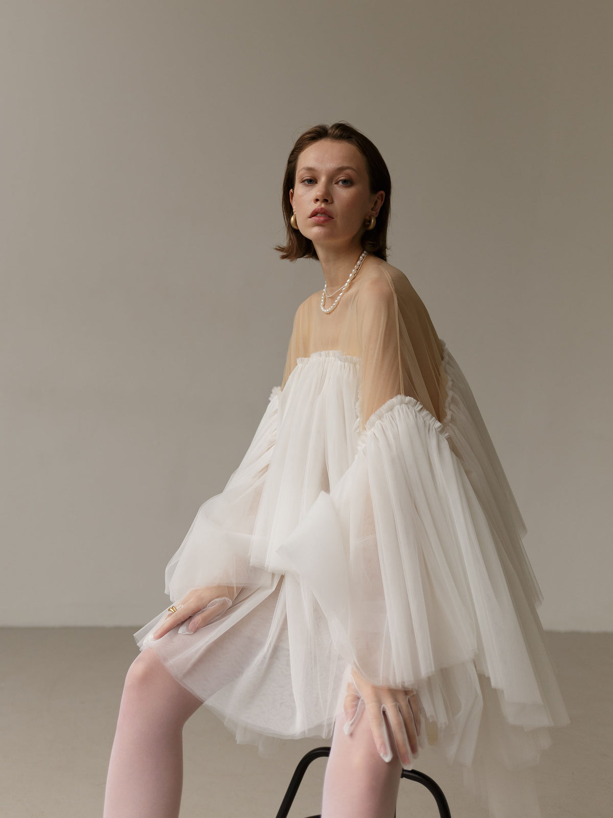 Short Tulle Wedding Dress with Wing Sleeves
