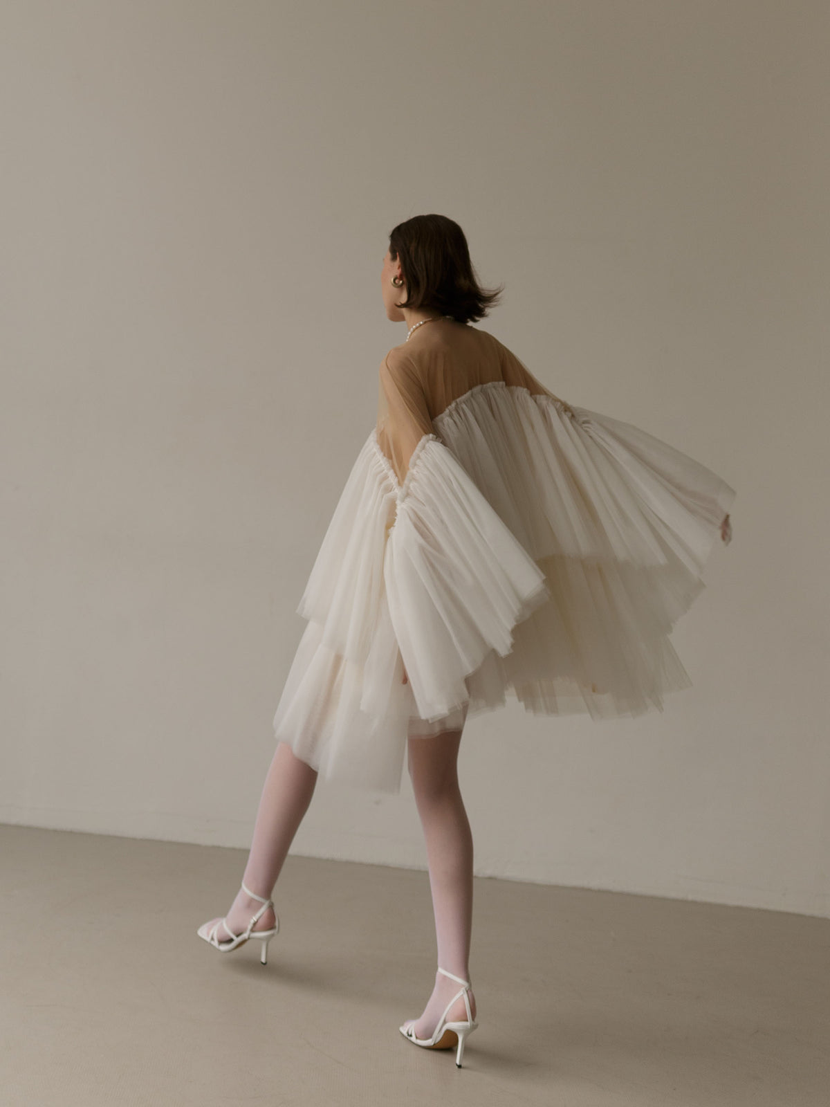 Short Tulle Wedding Dress with Wing Sleeves