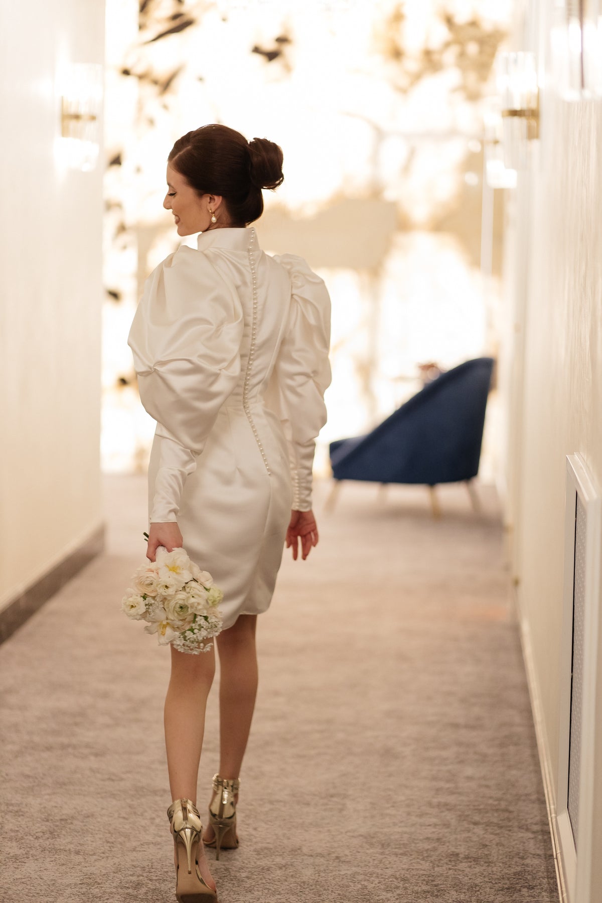 Tea length matte satin wedding dress, back view
