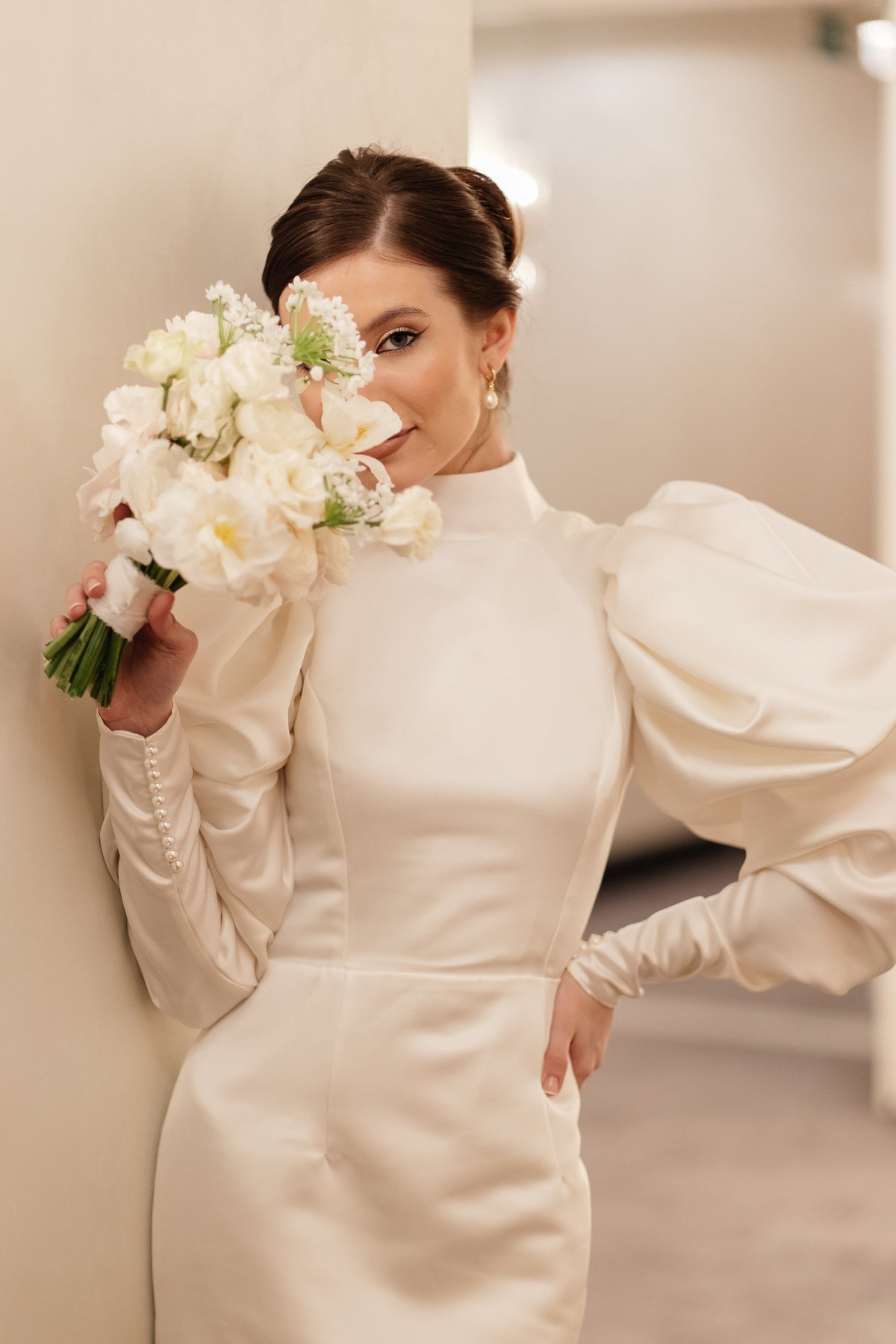 Tea length matte satin wedding dress, side view