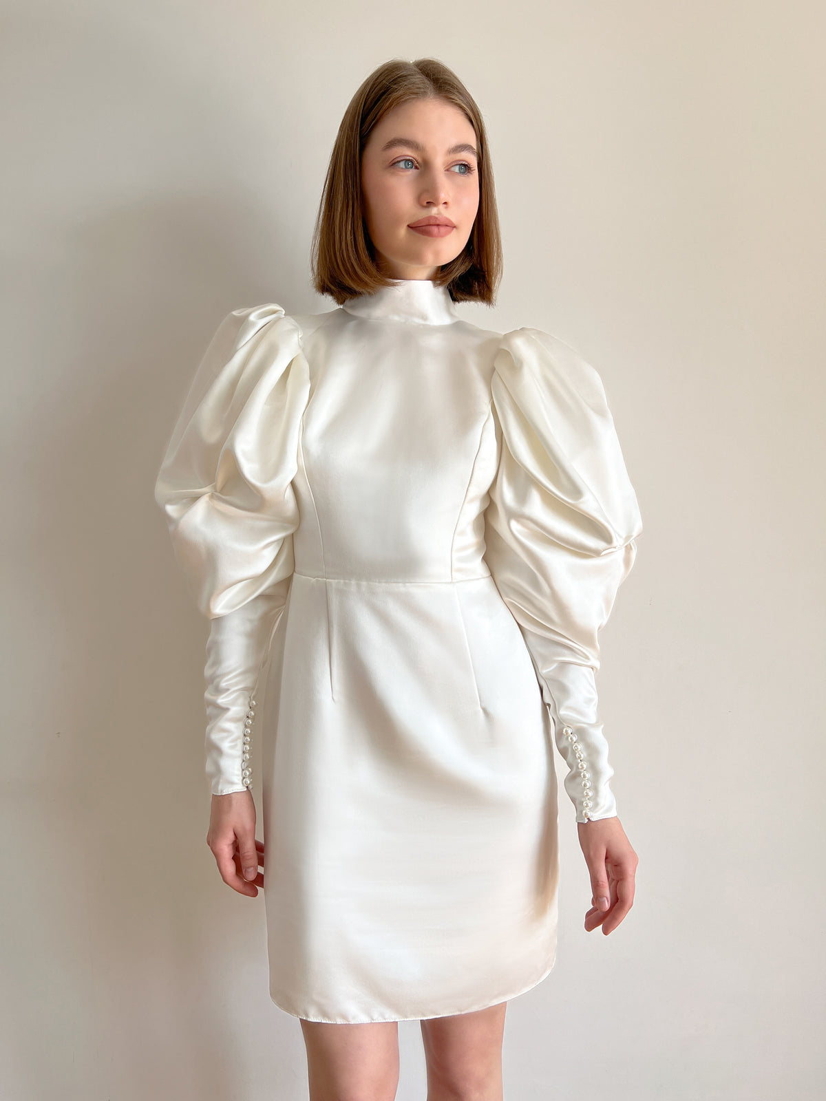 Short puff sleeve high neck wedding dress — Lutien Bridal