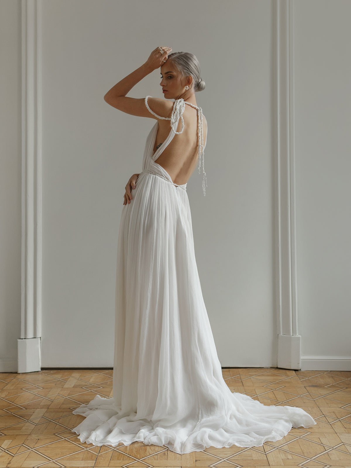 Sea Foam wedding dress backless silhouette detail