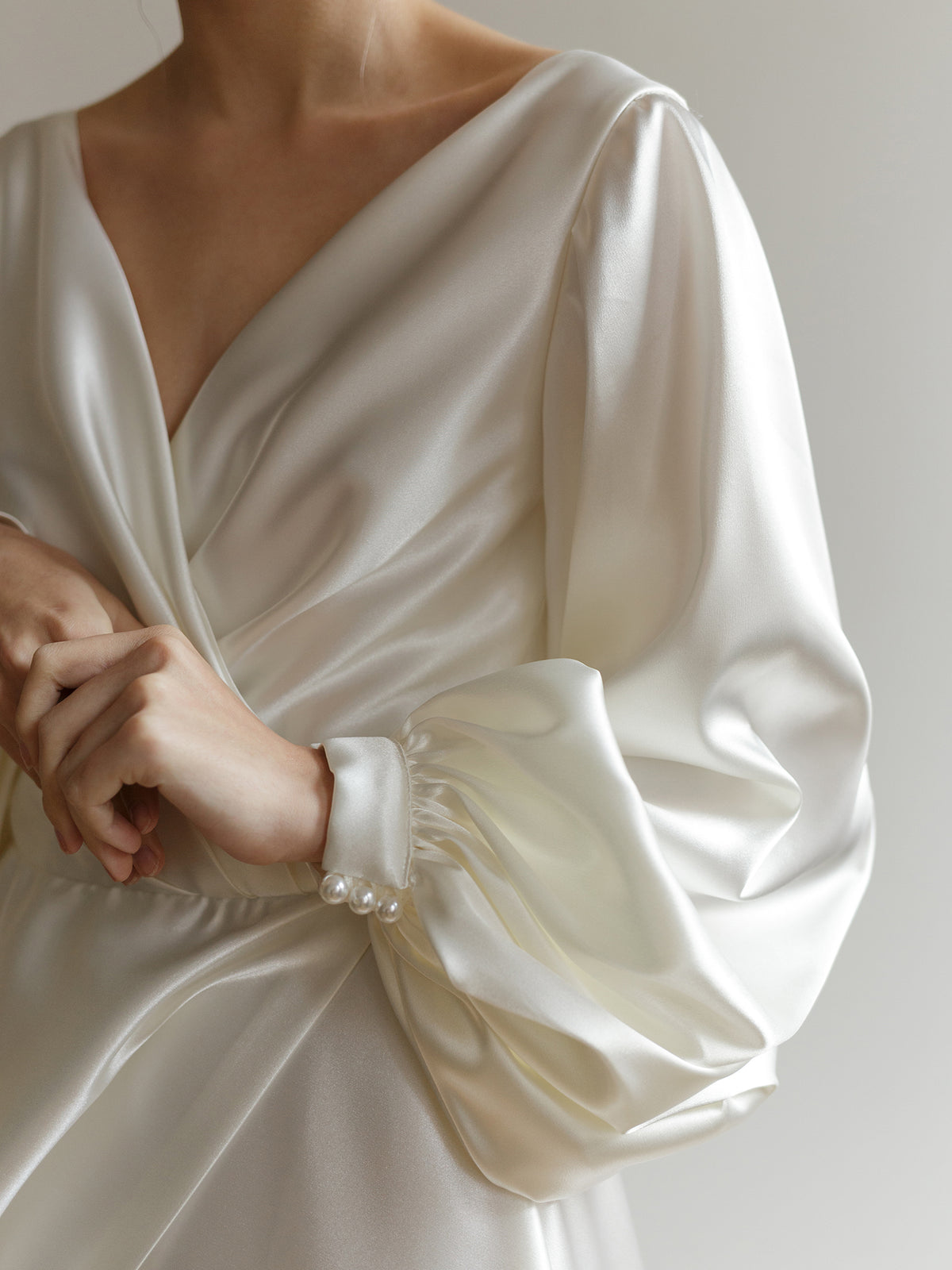 Samantha wedding dress bishop sleeve with pearl button cuff