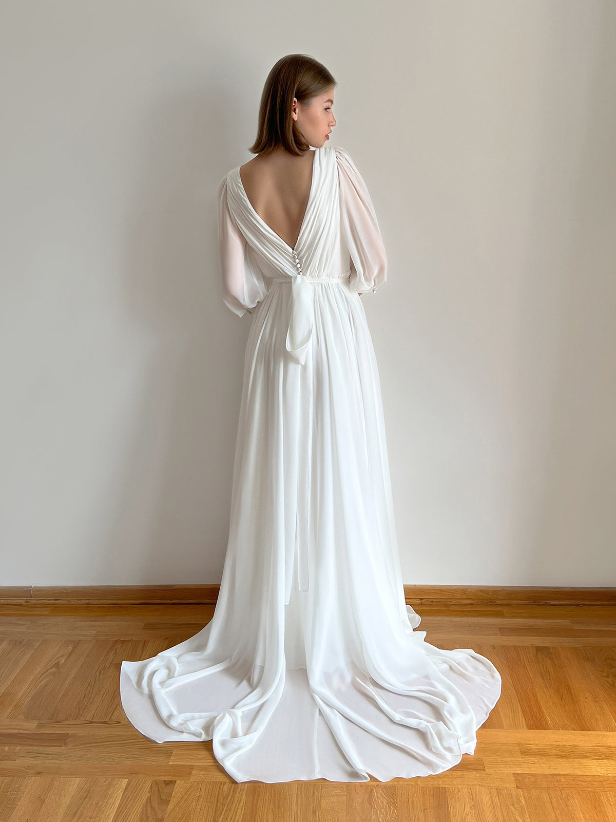 Rachel chiffon wedding dress open back detail