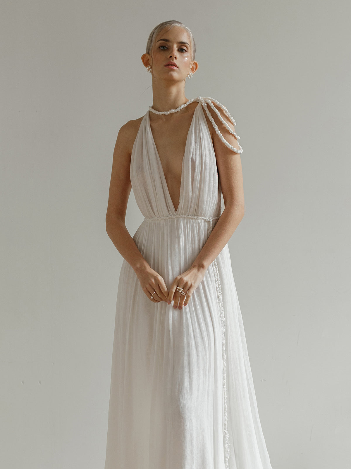 Sea Foam wedding dress deep V-neckline pleated chiffon detail