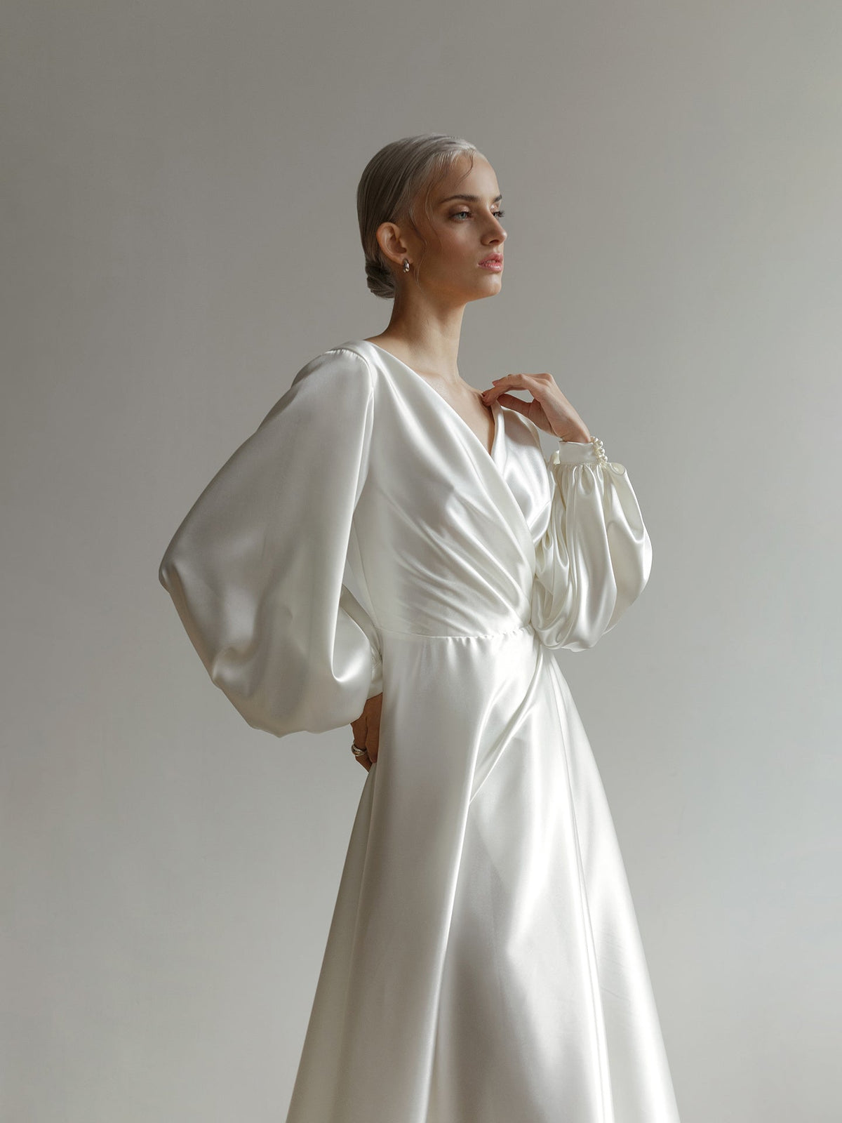 Samantha viscose satin wedding dress wrap bodice drape detail