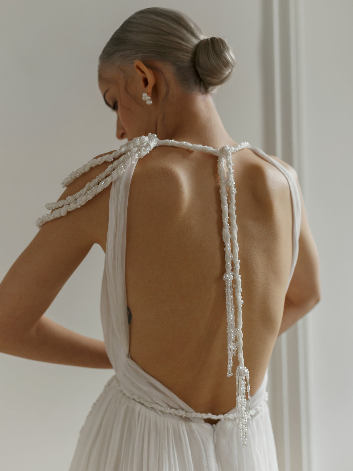 Sea Foam wedding dress open back with beaded string belt