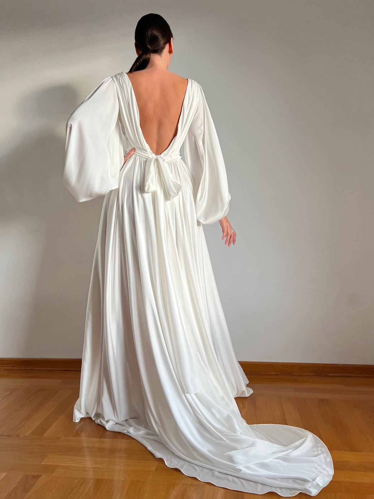 Samantha Maxi natural silk wedding dress, full-length view with long train