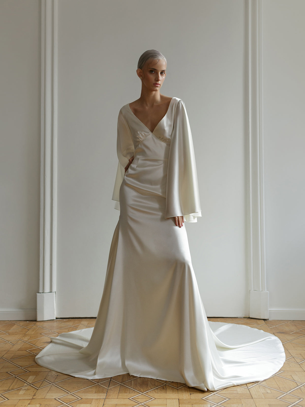 Yoko satin wedding dress empire waist silhouette, front view