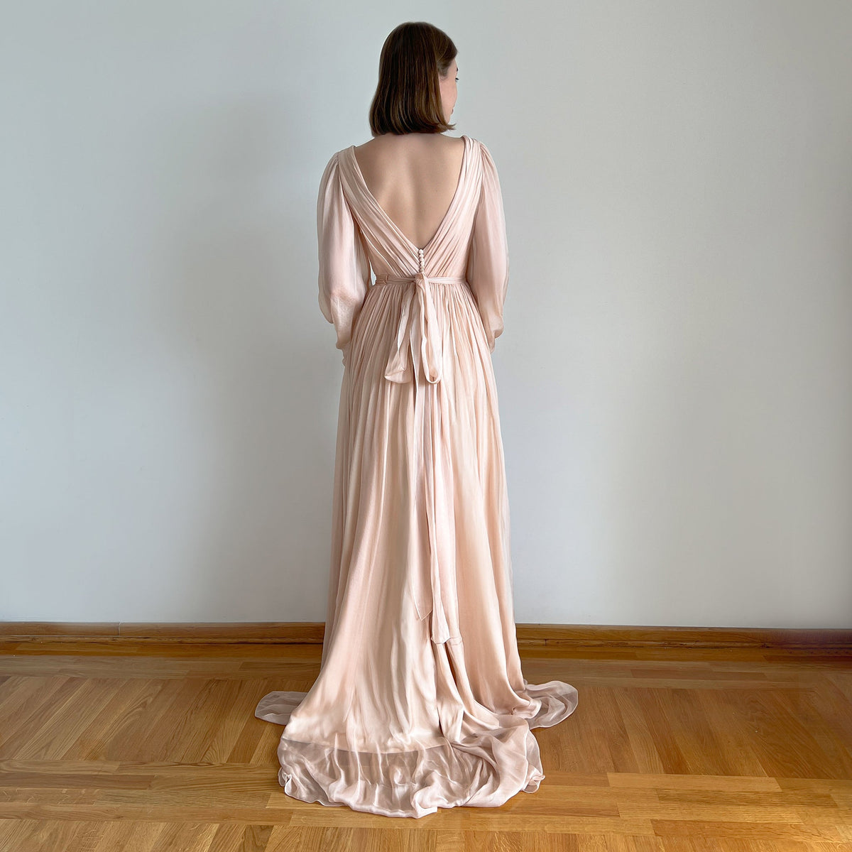 Nymph Pink natural silk chiffon wedding dress, front view