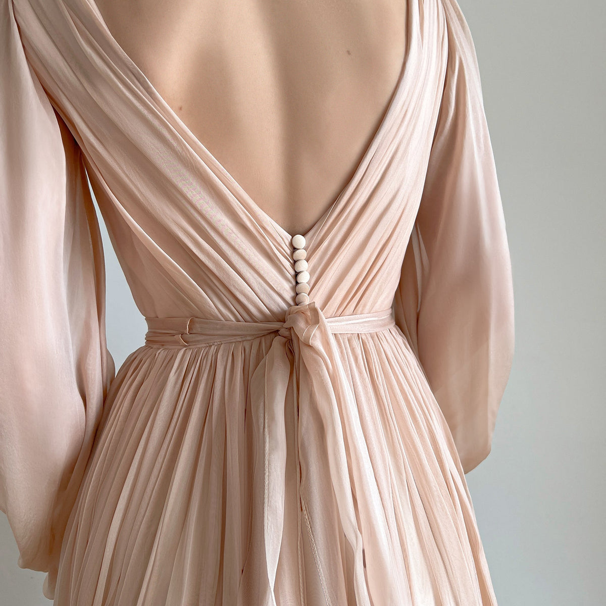 Nymph Pink natural silk chiffon wedding dress neckline detail