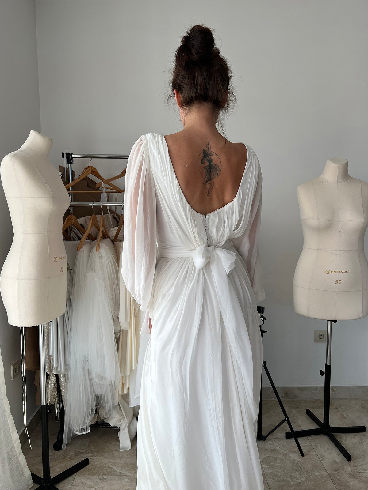 Nymph chiffon wedding dress open V-back detail