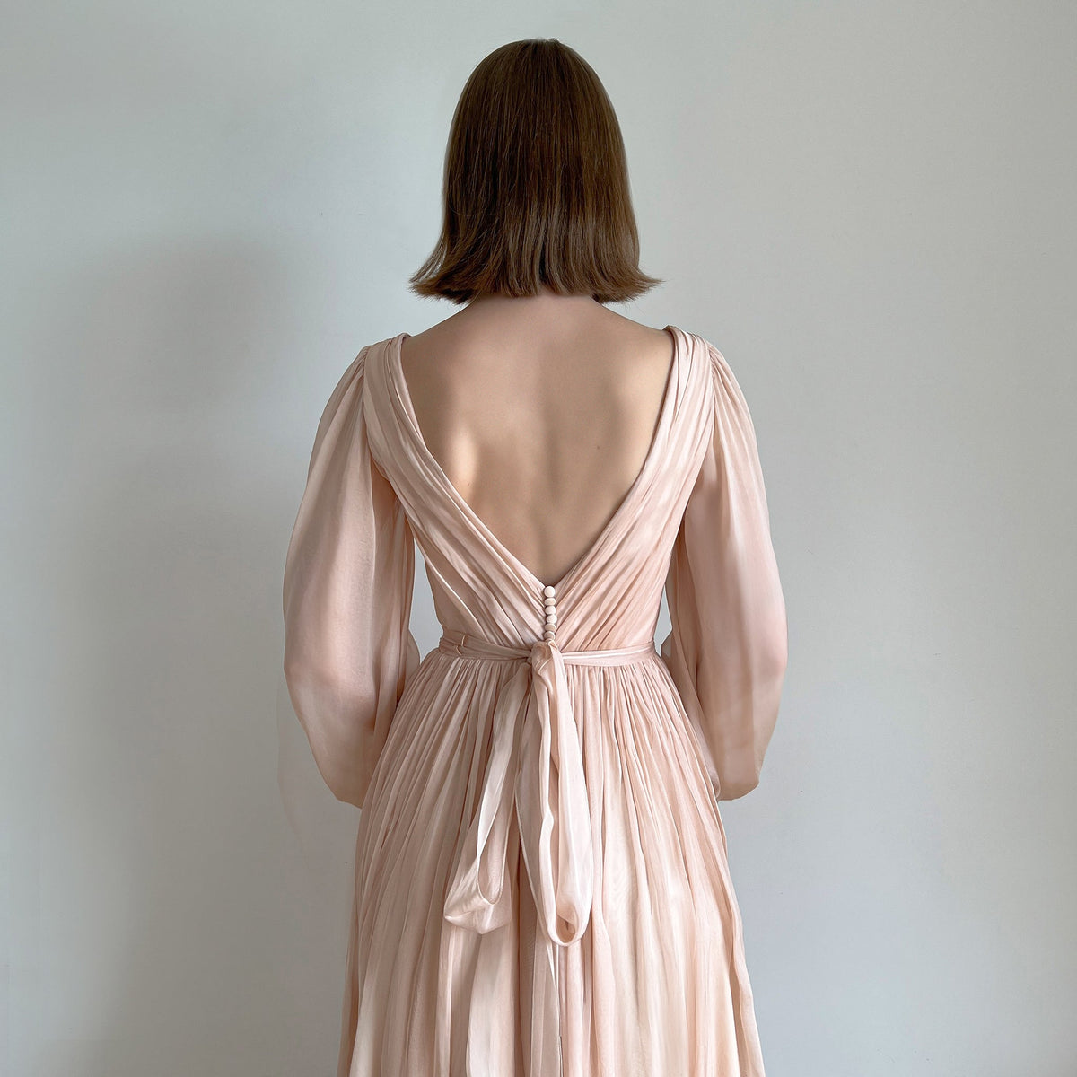 Nymph Pink natural silk chiffon wedding dress, side view