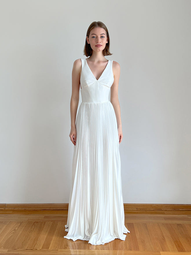 Pleated wedding dress with crepe top