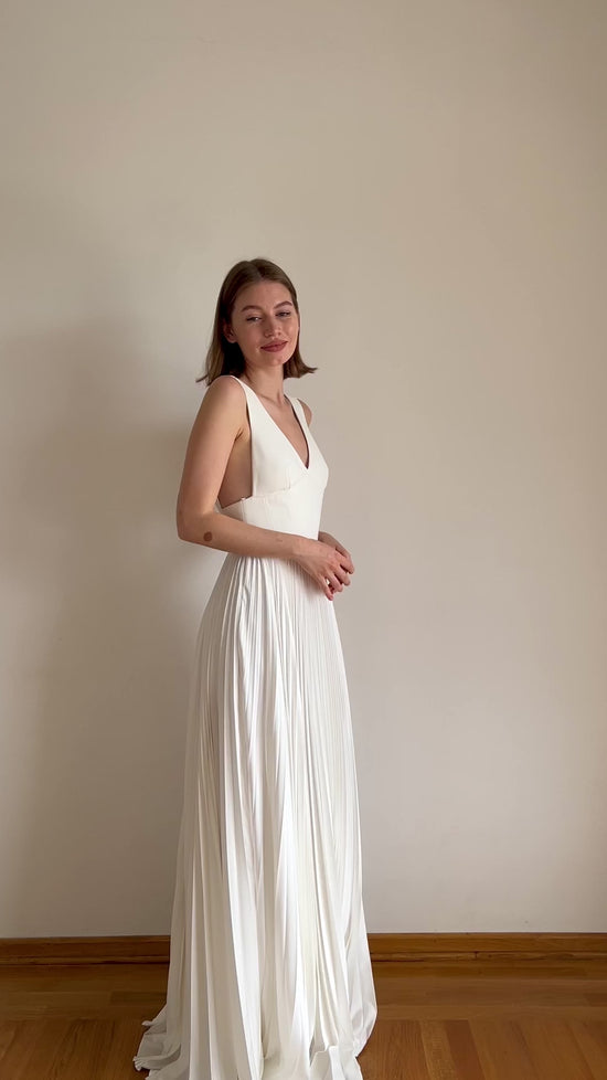 Pleated wedding dress with crepe top