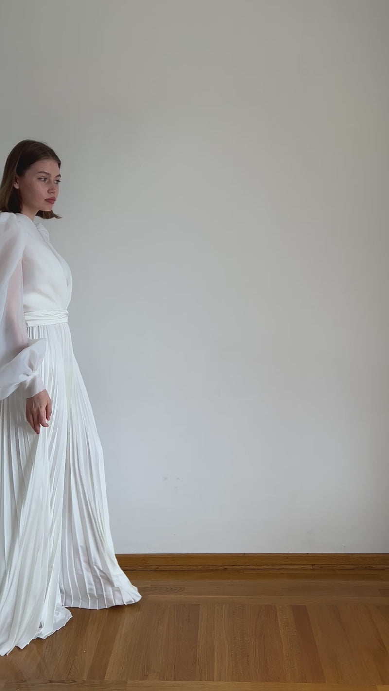 Pleated wedding dress with organza blouse