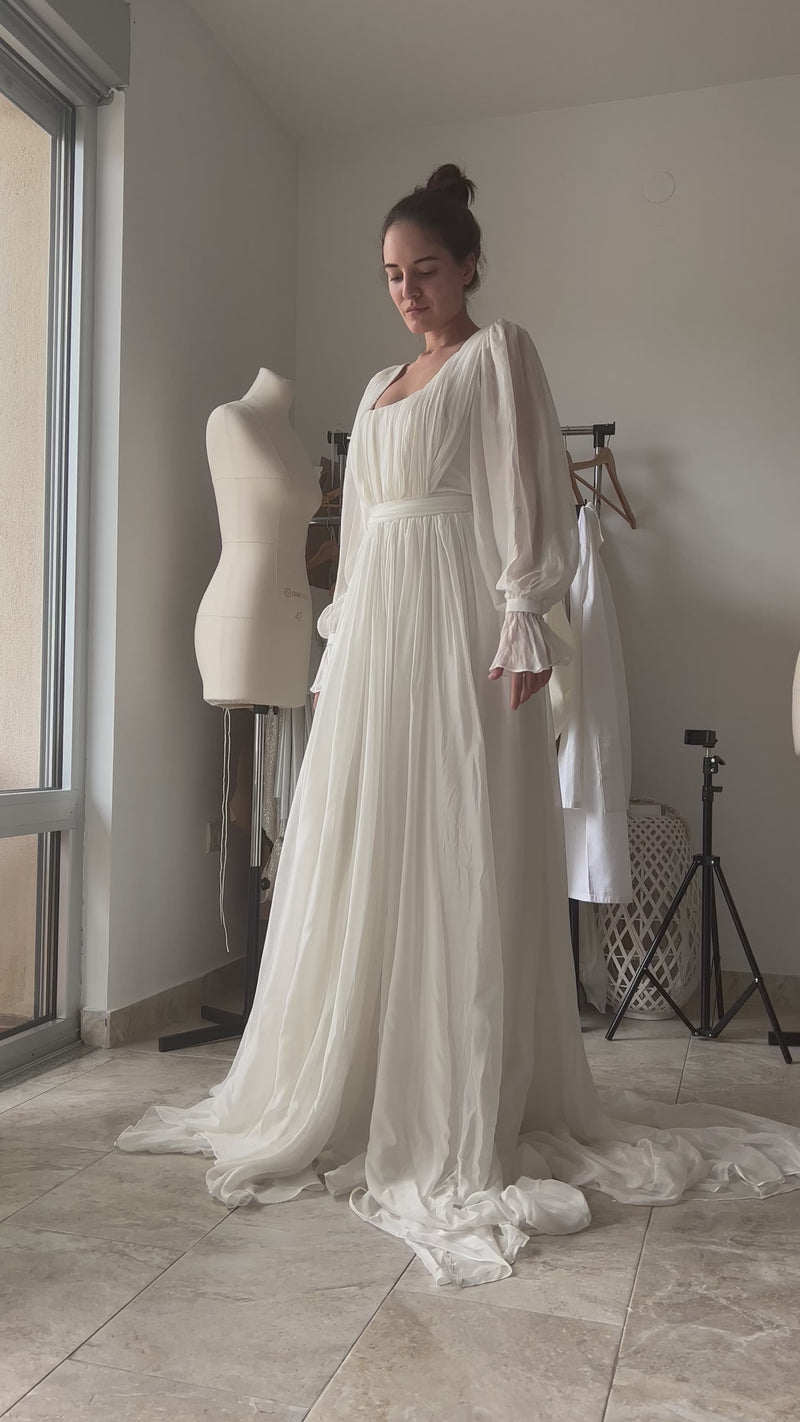 Frilled cuff wedding dress square neck