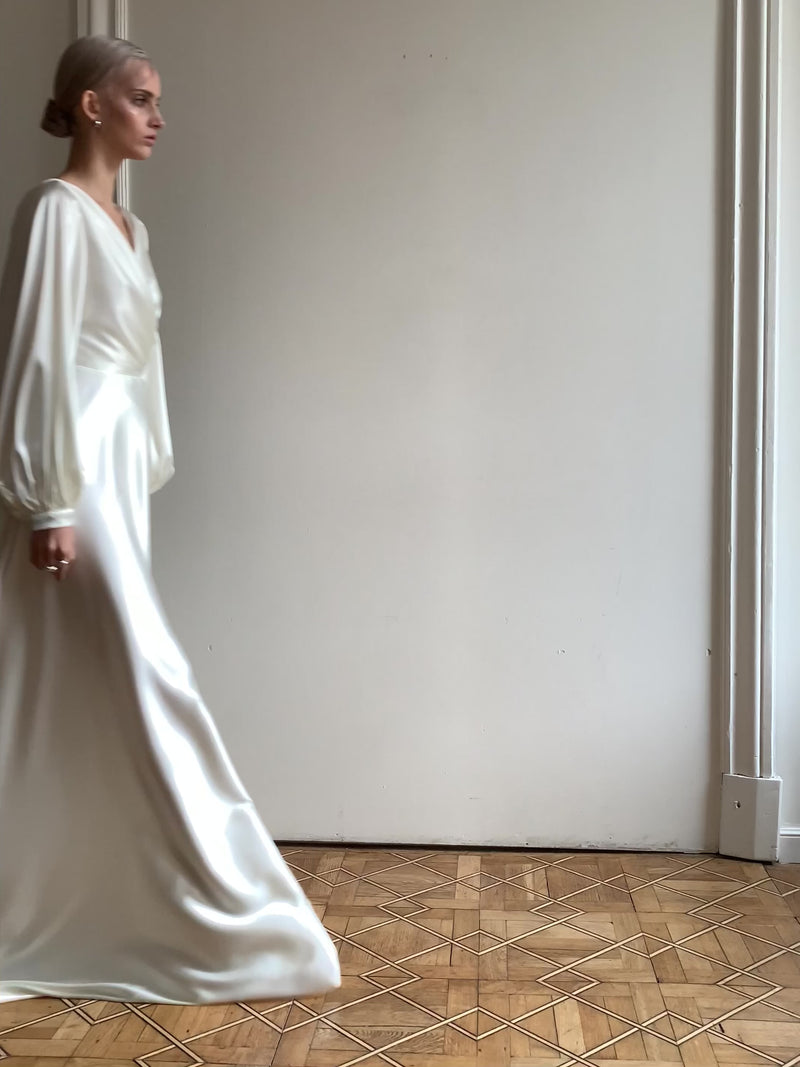 Satin Wrap Wedding Dress with Bishop Sleeves