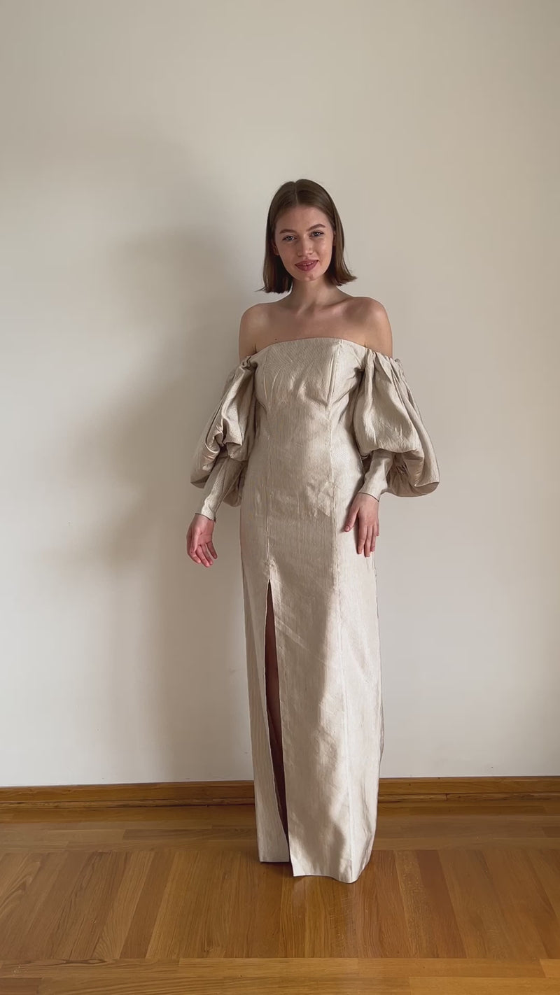 Jacquard Wedding Dress with Dramatic Balloon Sleeves