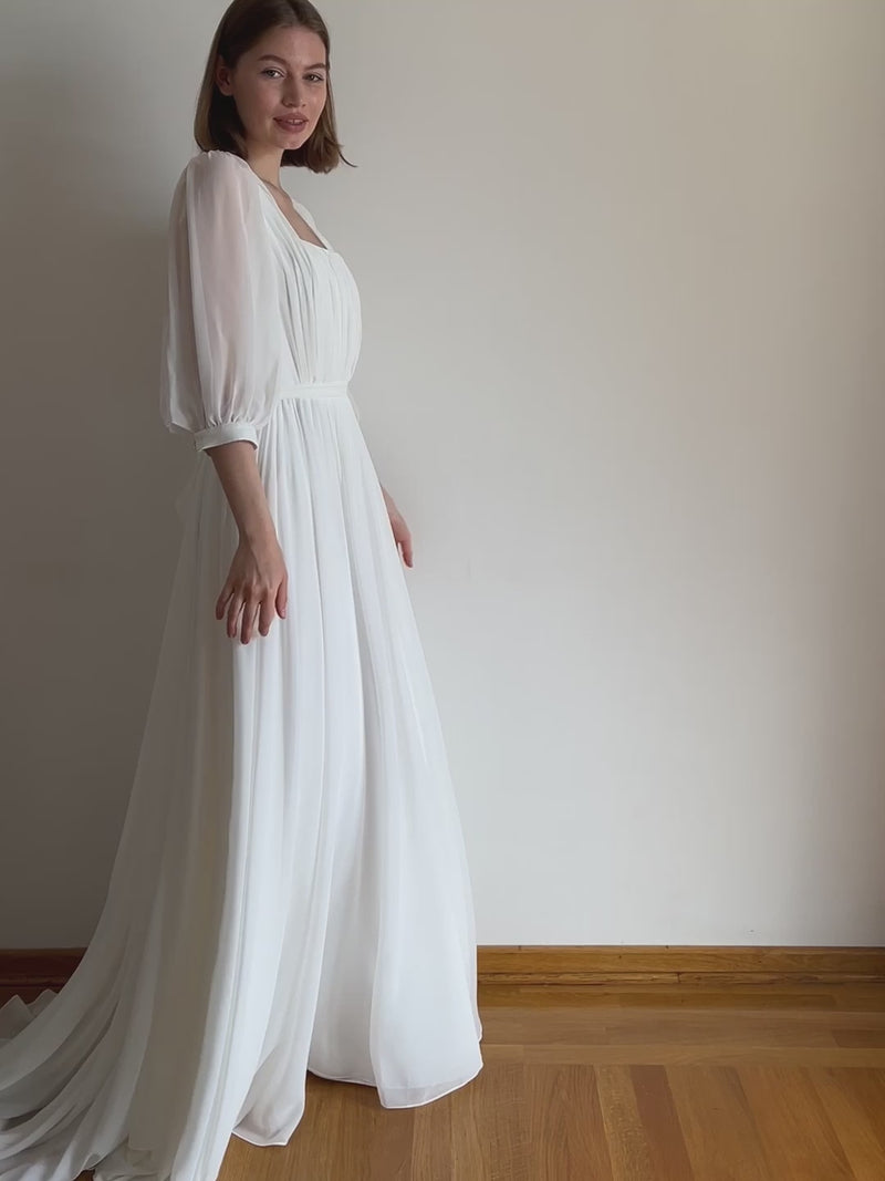 Chiffon wedding dress with square neck