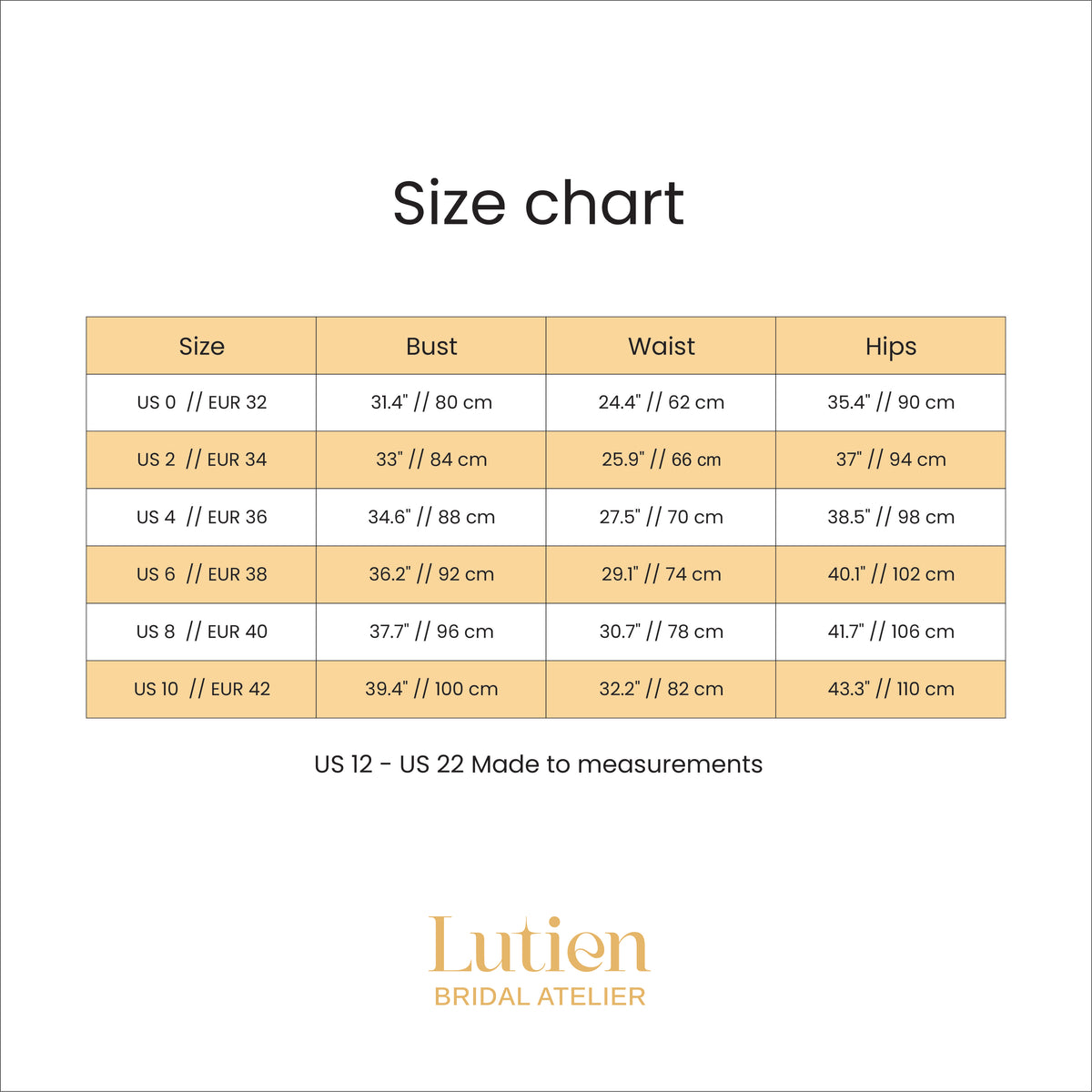 Lutien Bridal size chart for wedding dress measurements