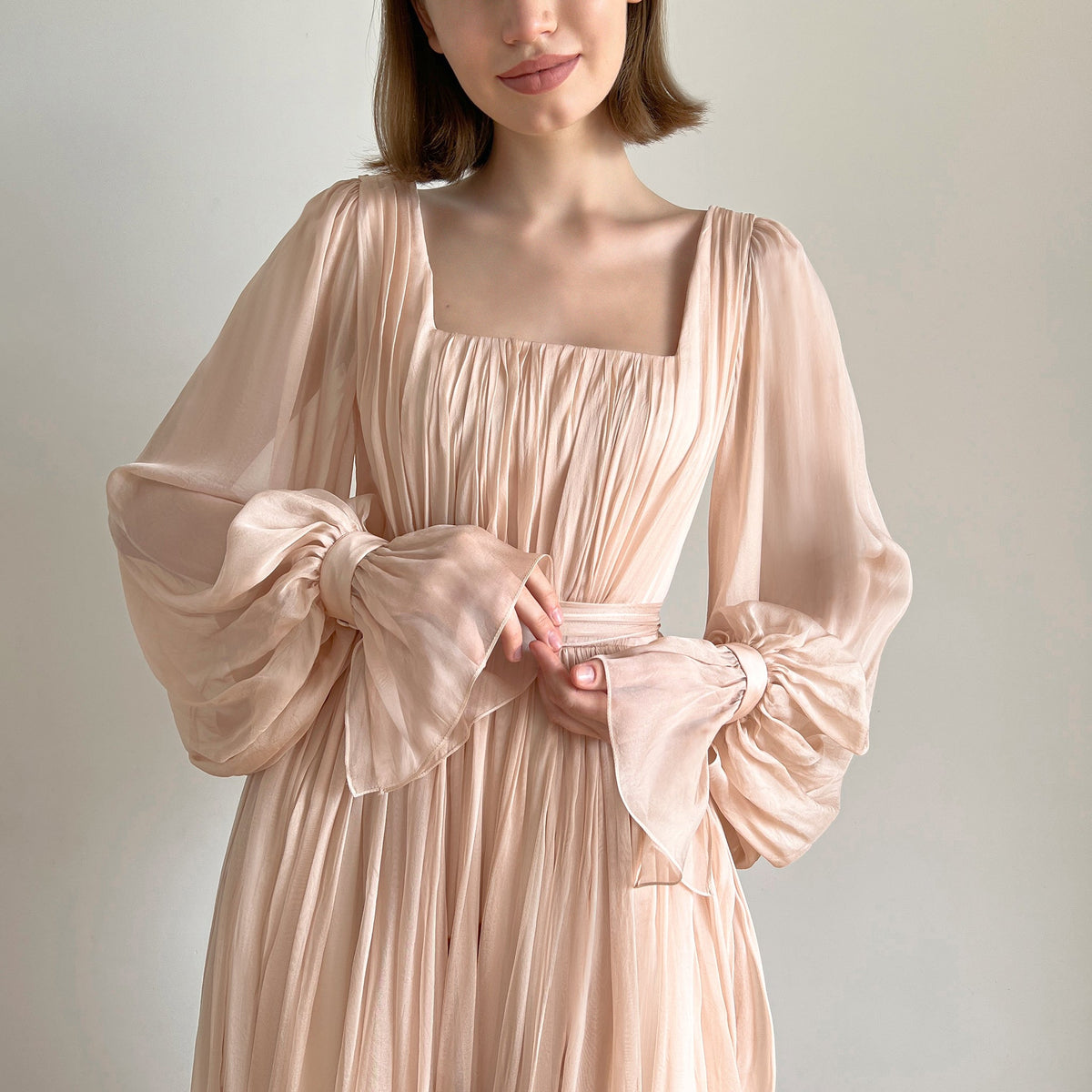 Nymph Pink natural silk chiffon wedding dress puff sleeve detail