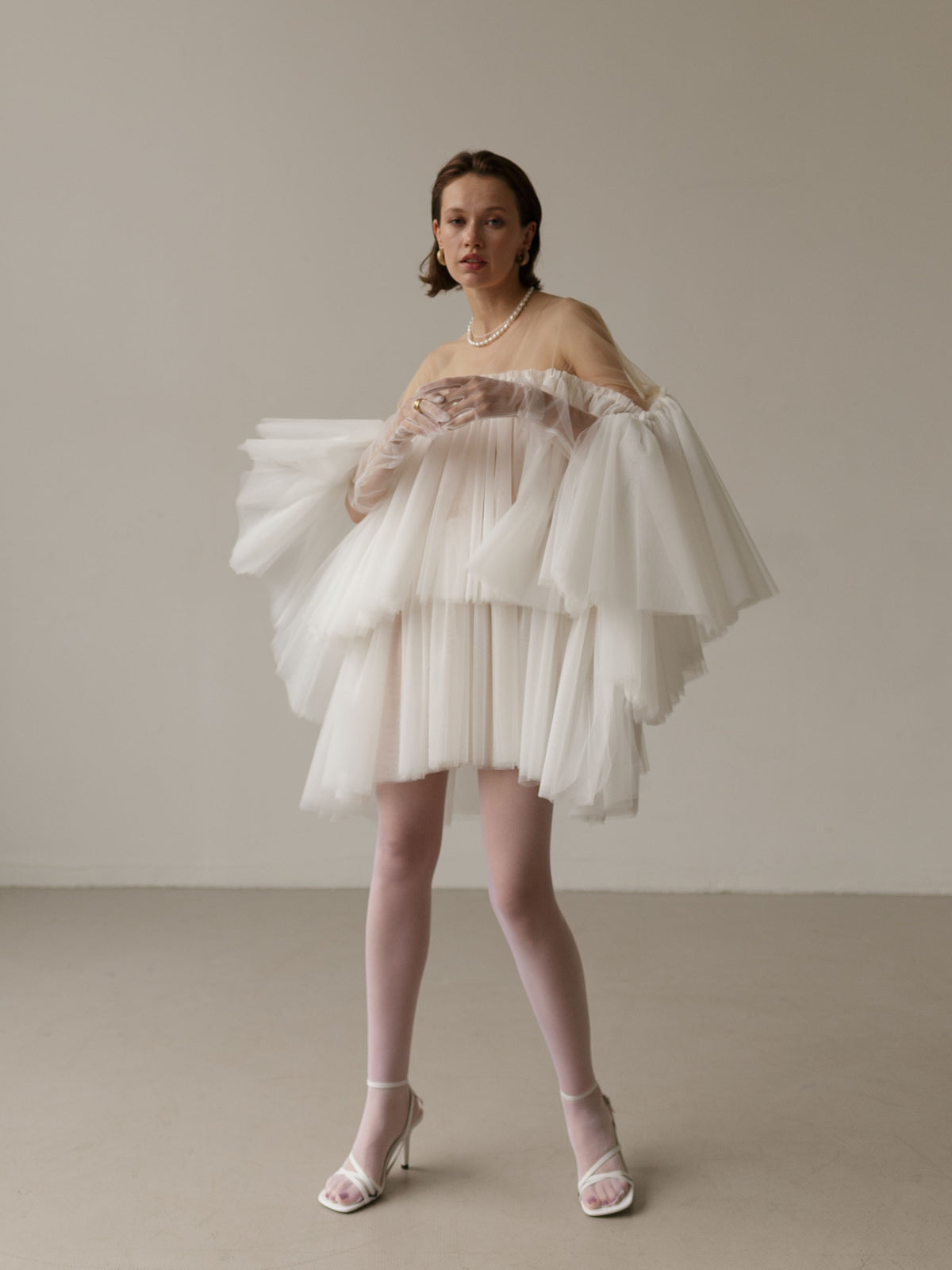 Short tulle wedding dress with wing sleeves — Lutien Bridal
