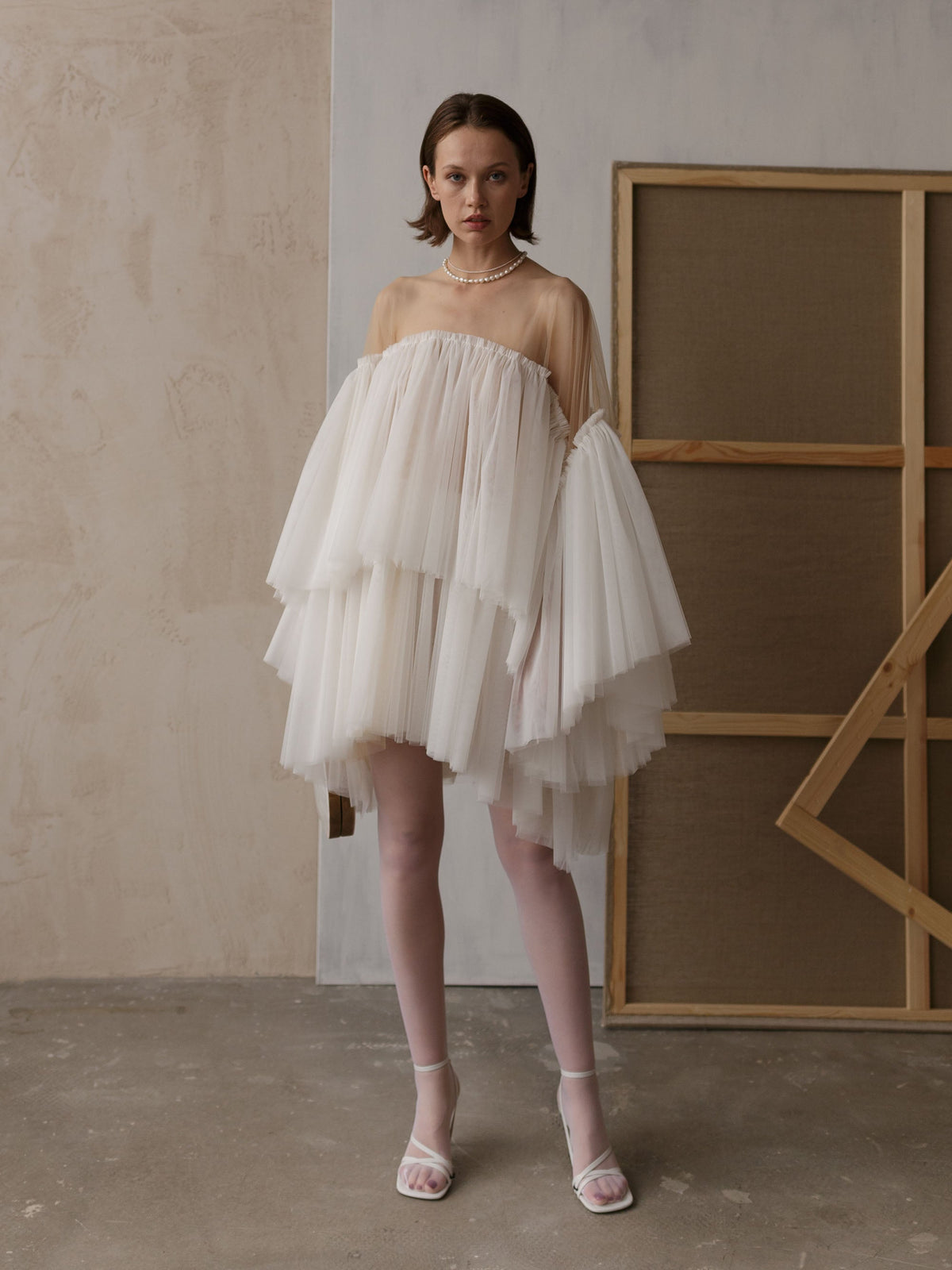 White tulle mini wedding dress, back view